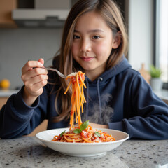 Delicious pasta dish served in cozy kitchen, featuring young girl enjoying her meal with smile. warm atmosphere enhances dining experience
