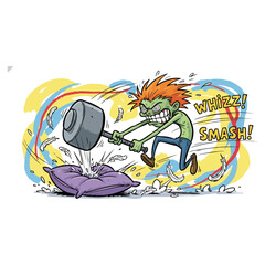 Fototapeta premium Angry green monster smashing a pillow with a hammer.