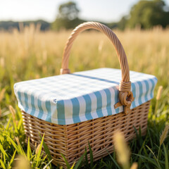 Picnic basket with blue and white checkered lid sits in grassy field, evoking sense of relaxation and outdoor enjoyment