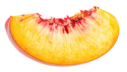 Close-up of a juicy, ripe peach slice against a black background. The flesh is yellow with red streaks. The skin is a light pink color