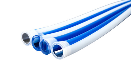 Close-up of a series of plastic tubes with a two-tone design, featuring blue and white stripes against a black backdrop