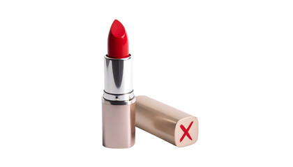 Close-up of a vibrant red lipstick with a silver and gold case, alongside the detached cap with a red "X" mark