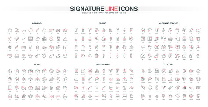 Line style icon set covers cooking, drinks, cleaning, home, sweeteners, and tea time themes with detailed objects and utensils for diverse household concepts isolated vector illustration
