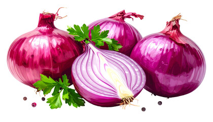 Close-up of four red onions, one halved, with parsley and peppercorns on a solid black background. Healthy food photography