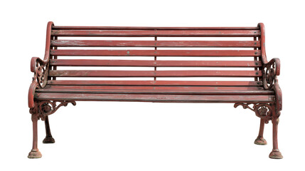 Vintage park bench with ornate details, weathered red paint, outdoor furniture, isolated on transparent background