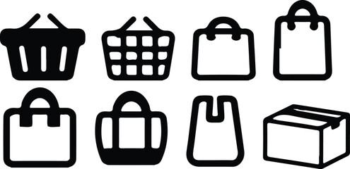 shopping cart basket bags black line icons set vector illustration collection design 