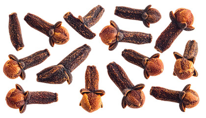 Close-up of multiple whole dried spice buds with rounded heads and textured stems against a dark background