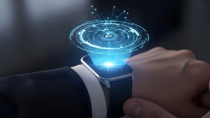 A futuristic smartwatch interface with a glowing blue fingerprint scan