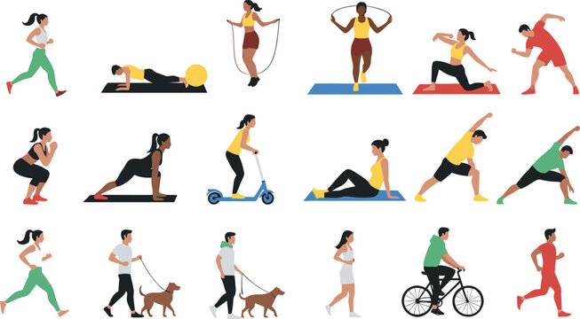 Vector illustration set of active people doing fitness exercises, running, cycling and walking dogs