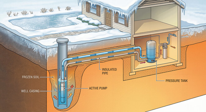 Deep well water system diagram with active pump in frozen soil. Insulated pipes and pressure tank for home water supply in winter