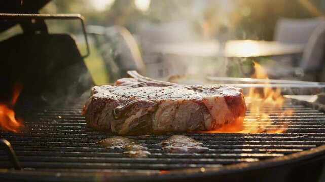 Close-up shot of a juicy steak grilling on a backyard barbecue with flames and smoke