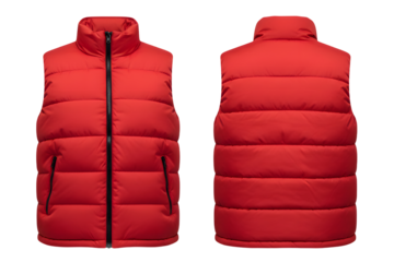 A red puffer vest mockup front and back view, sleeveless jacket isolated on a white or transparent background