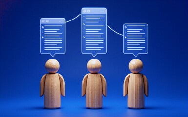 Three wooden figures share glowing documents, symbolizing collaboration and knowledge exchange.