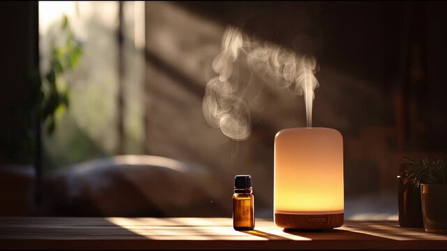 Aromatherapy diffuser mist in sunrise glow