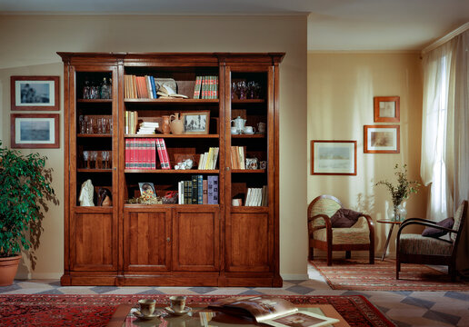 Single shot photo of a room with a bookcase