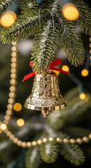 Golden bell with red bow hanging on a green Christmas tree branch with snow. Festive holiday decoration for card design.