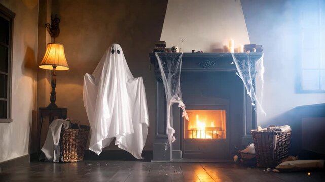 Spooky Halloween scene with a white sheet ghost, lit fireplace, and spiderwebs in an old living room.