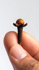 Close up of a Person's Thumb and Finger Holding a Single Dry Clove Spice with a White Background and Soft Lighting