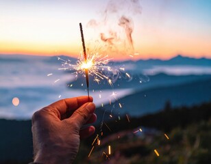 Hand holding a sparkler with glowing embers and smoke against a blurred mountain landscape at sunset with orange and yellow sky