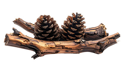 Close-up of two large pine cones perched upon a weathered, brown, and textured piece of driftwood, against a black backdrop