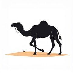Black Silhouette Camel Walking Across Sandy Dune Under White Sky Isolated Realistic Pixel Art Style