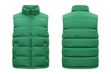A green puffer vest mockup front and back view, sleeveless jacket isolated on a white or transparent background