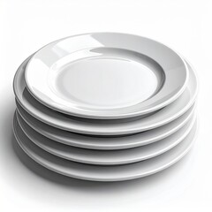 Stack Of Six White Ceramic Dinner Plates On A White Background With Soft Shadows And Studio Lighting