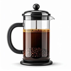 Glass French Press Coffee Maker with Dark Roasted Beans and Brewed Coffee Isolated on White Background with Soft Shadow