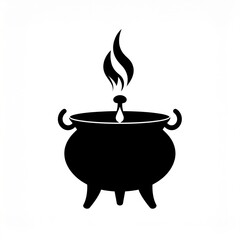 Black Cauldron with Flaming Top and Three Legs on a White Background Symbolizing Magic and Potions