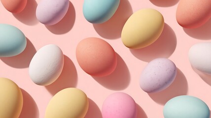 Colorful Easter eggs arranged on a pastel pink background viewed from above