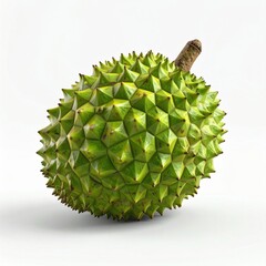 A Spiky Green Durian Fruit with a Textured Stem Rests Against a Clean White Background Studio Lighting Showcases its Unique Form