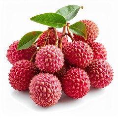 A Cluster of Vibrant Red Lychee Fruits with Green Leaves on a White Background