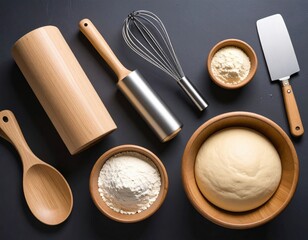 Overhead view of baking ingredients and tools including wooden spoon rolling pin whisk bowls of flour and dough on dark textured surface with natural lighting