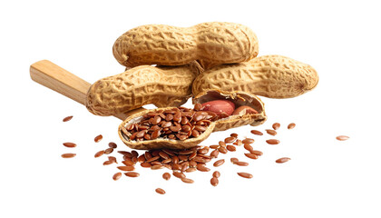 Close-up studio shot featuring a pile of whole peanuts, one opened to reveal flax seeds. Black background