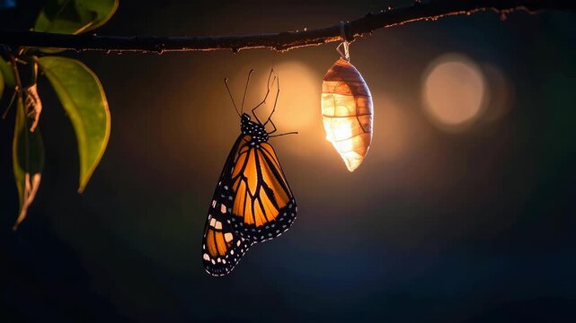Monarch butterfly emerging from chrysalis, hanging from a branch, golden sunlight illuminates wings in close-up of transformation.