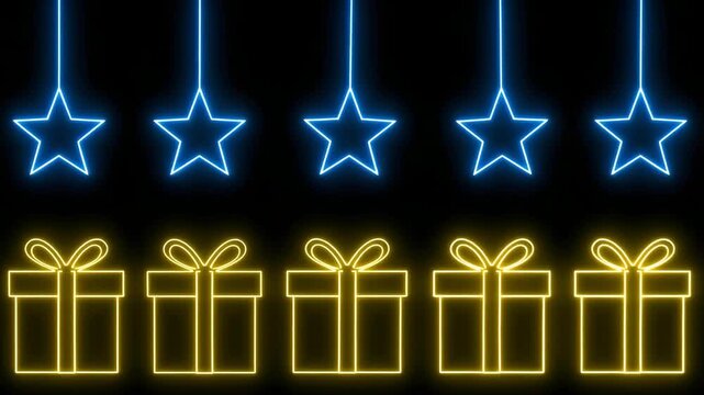 Festive neon outline arrangement featuring hanging five-pointed stars and gift boxes with decorative bows against a dark background.