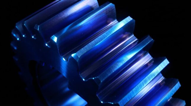 Macro Shot of Blue Metal Gear on Dark Background Showing Intricate Teeth and Smooth Surfaces with Reflective Light Details