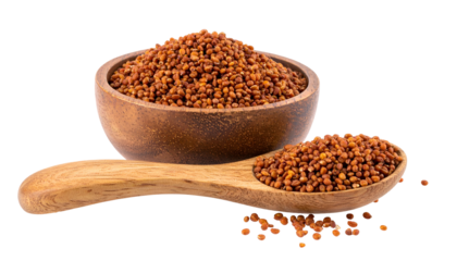 Close-up studio shot of a wooden bowl filled with tiny brown grains, and a spoon also full of the seeds