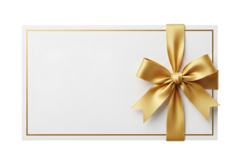A blank gift card or invitation envelope with a golden satin ribbon bow isolated on a white or transparent background
