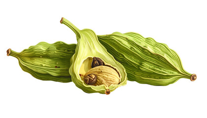 Close-up studio shot of cardamom pods, one open showing seeds. Two whole pods and one broken are featured