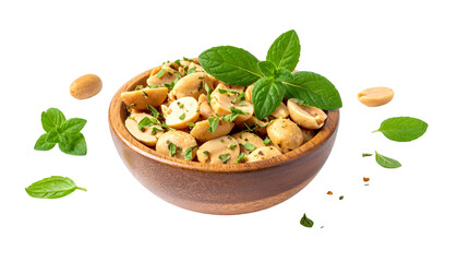 Close-up studio shot of a wooden bowl filled with seasoned nuts and fresh green herbs, presented against a black background