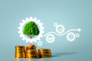 Sustainable business process and green innovation concept. Tree integrated with gears and business...