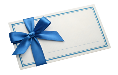 A blank gift card or invitation envelope with a blue satin ribbon bow isolated on a white or transparent background