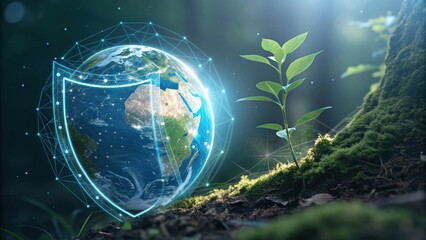 A glowing shield protects the Earth from environmental harm as a small plant grows in the foreground.