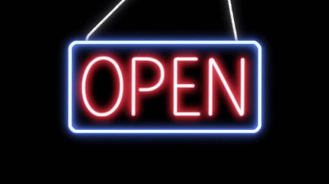 Red neon sign spelling OPEN quickly reveals the full text, glowing steadily with blue trim on a dark black background