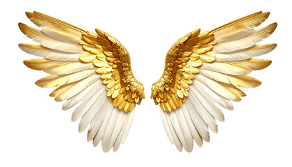 Digitally created symmetrical image of feathered wings, primarily gold and white, spread wide against a transparent background