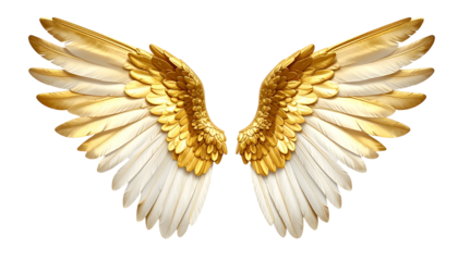 Digitally created symmetrical image of feathered wings, primarily gold and white, spread wide against a transparent background