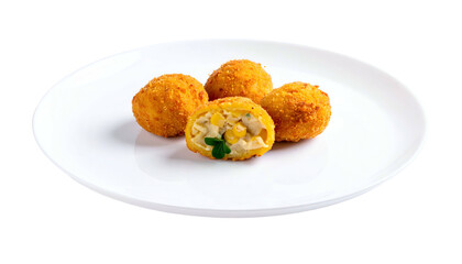 Four golden-brown fried, breaded balls arranged on a white plate. One is cut open to show the filling