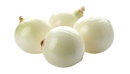 Four round, white onions, meticulously peeled, sit clustered against a stark black backdrop. Their smooth surfaces gleam subtly, showcasing fresh bulbs