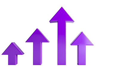 Four vibrant purple, upward-pointing arrows of varying heights against a solid black background, suggesting growth
